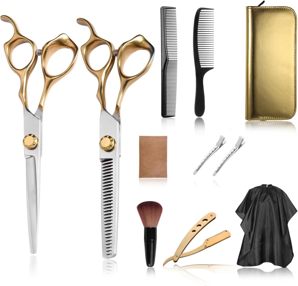 Hair Cutting Scissors Kit, Hair Scissors Professional Stainless Steel Haircut Scissors with Hair Shears, Thinning Shears, Haircut Accessories in Leather Case for Barber/Home 12PCS Gold Silver