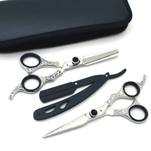 Professional Salon Hair Cutting+Thinning Scissors Barber Shears Hairdressing Set 6.5" Barber Razor Hair Tools Black Silver Gift Set